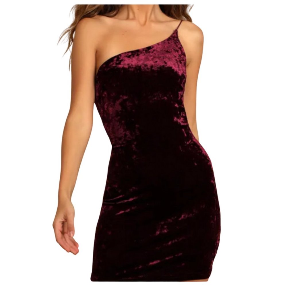 Lulu's Women's One-Shoulder Bodycon Mini Dress, Velour Maroon Red Burgundy M NWT
